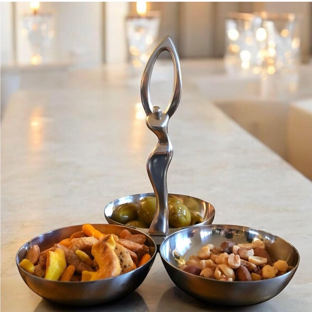 New Open Box Vanderbeek Designs Stainless Steel Trio Snack Serving Dish Elegant